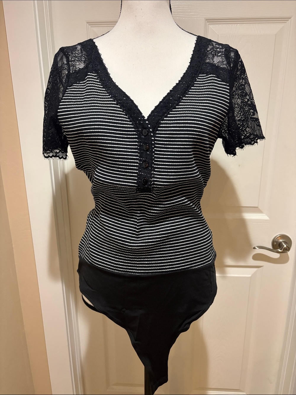 white birch Black and White Striped Lace Sleeve Bodysuit